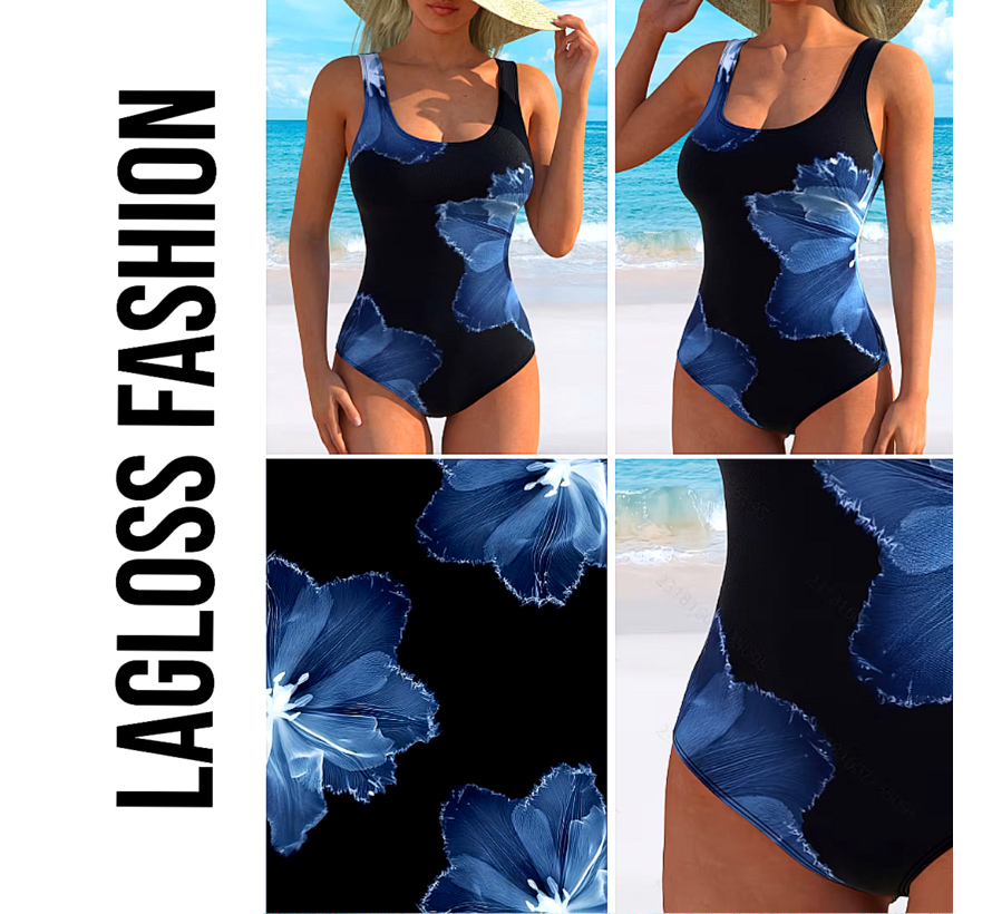 LaGloss® Dames Badpak Zwart met Blauwe Bloemenprint Hibiscusprint – Modern – Eendelig Zwempak - Zomermode – Beach Fashion – Maat XXL