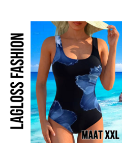 LaGloss Dames Badpak Zwart met Blauwe Bloemenprint Hibiscusprint – Maat XXL