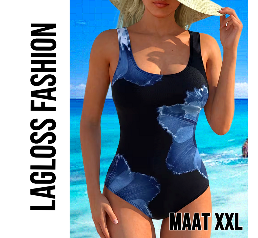 LaGloss® Dames Badpak Zwart met Blauwe Bloemenprint Hibiscusprint – Modern – Eendelig Zwempak - Zomermode – Beach Fashion – Maat XXL