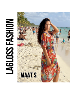 LaGloss Tropische Print Strandjurk Met V-Hals Rood Koraal – Maat S