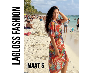 LaGloss Tropische Print Strandjurk Met V-Hals Rood Koraal – Maat S
