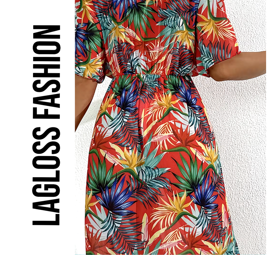 LaGloss® Tropische Print Strandjurk Met V-Hals Rood Koraal – Bloemenprint – Strand jurk – Maxi jurk – Boho Strand & Casual – Maat M