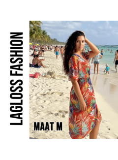 LaGloss Tropische Print Strandjurk Met V-Hals Rood Koraal – Maat M