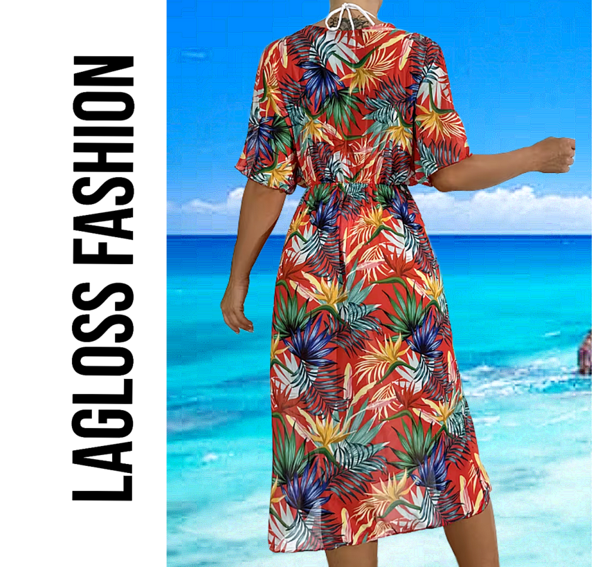 LaGloss® Tropische Print Strandjurk Met V-Hals Rood Koraal – Bloemenprint – Strand jurk – Maxi jurk – Boho Strand & Casual – Maat L