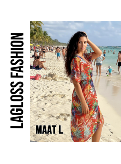 LaGloss Tropische Print Strandjurk Met V-Hals Rood Koraal – Maat L