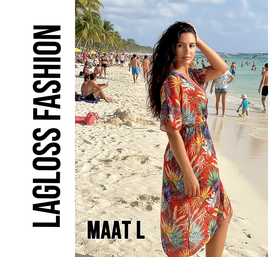 LaGloss® Tropische Print Strandjurk Met V-Hals Rood Koraal – Bloemenprint – Strand jurk – Maxi jurk – Boho Strand & Casual – Maat L