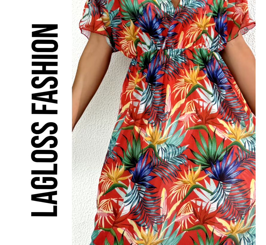 LaGloss® Tropische Print Strandjurk Met V-Hals Rood Koraal – Bloemenprint – Strand jurk – Maxi jurk – Boho Strand & Casual – Maat XL