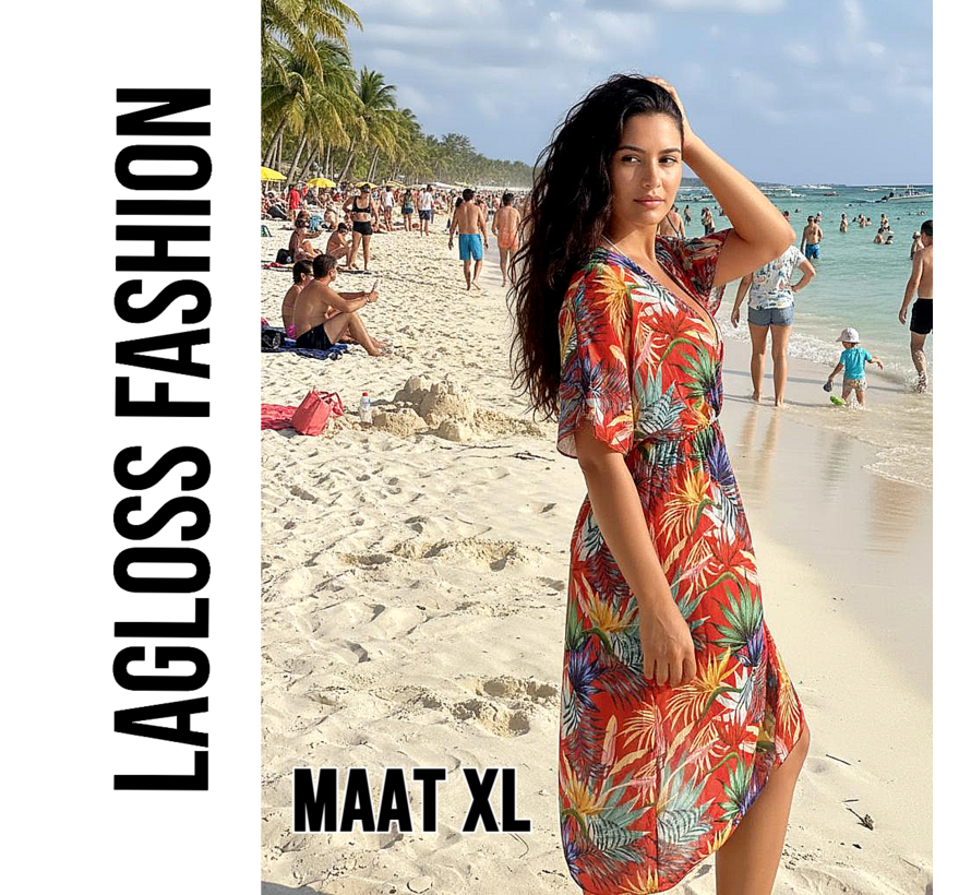LaGloss® Tropische Print Strandjurk Met V-Hals Rood Koraal – Bloemenprint – Strand jurk – Maxi jurk – Boho Strand & Casual – Maat XL