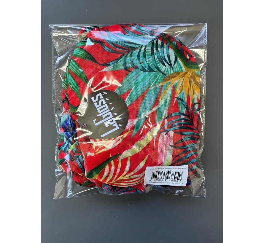 LaGloss® Tropische Print Strandjurk Met V-Hals Rood Koraal – Bloemenprint – Strand jurk – Maxi jurk – Boho Strand & Casual – Maat S