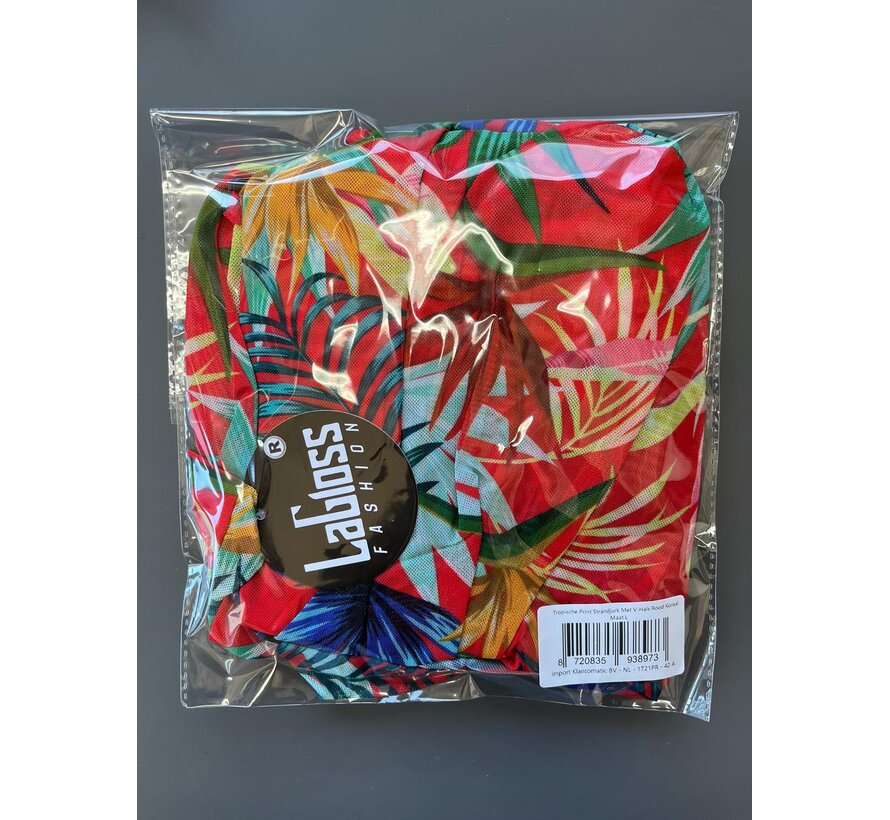 LaGloss® Tropische Print Strandjurk Met V-Hals Rood Koraal – Bloemenprint – Strand jurk – Maxi jurk – Boho Strand & Casual – Maat L