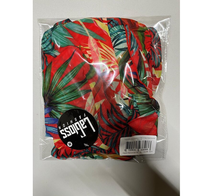 LaGloss® Tropische Print Strandjurk Met V-Hals Rood Koraal – Bloemenprint – Strand jurk – Maxi jurk – Boho Strand & Casual – Maat M
