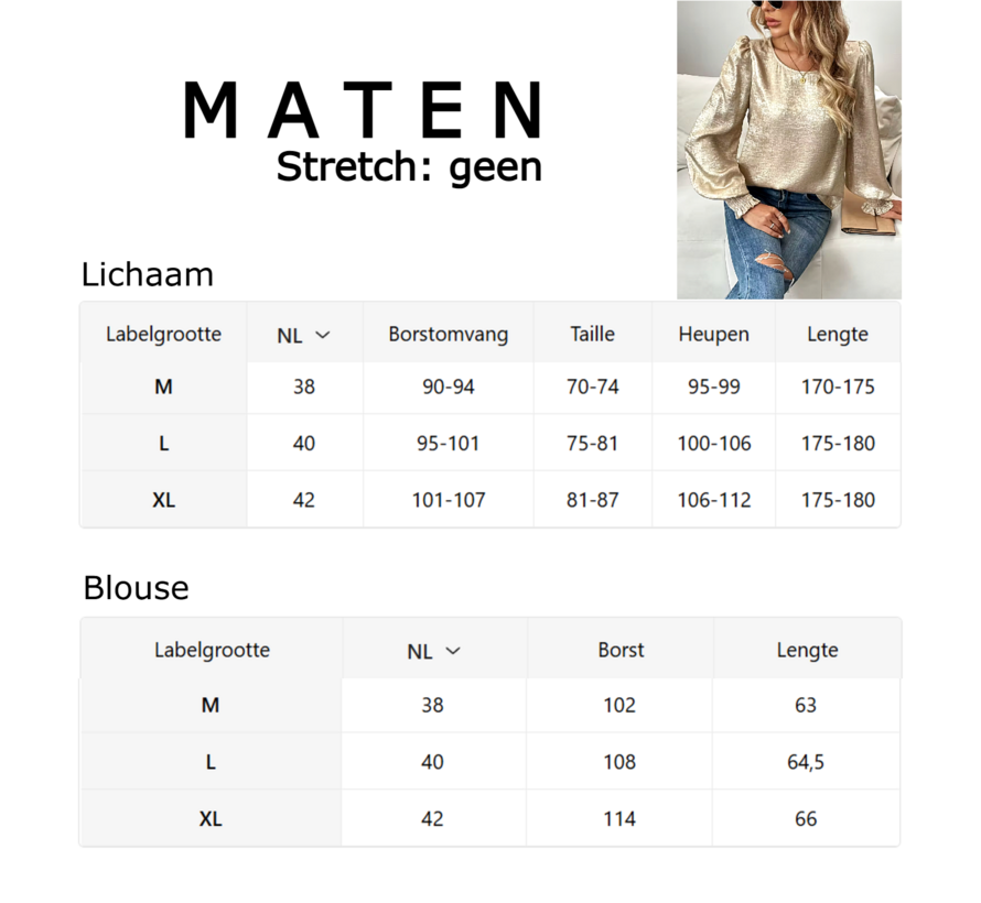 LaGloss® Dames Goud Metallic Blouse met Ronde Hals en Ballonmouwen – Chic – Casual - Lente/herfst /winter – Maat M