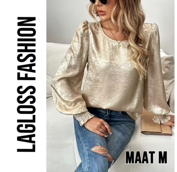 LaGloss Dames Goud Metallic Blouse met Ronde Hals en Ballonmouwen – Maat M
