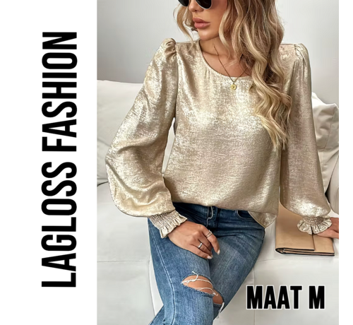 LaGloss LaGloss® Dames Goud Metallic Blouse met Ronde Hals en Ballonmouwen – Chic – Casual - Lente/herfst /winter – Maat M