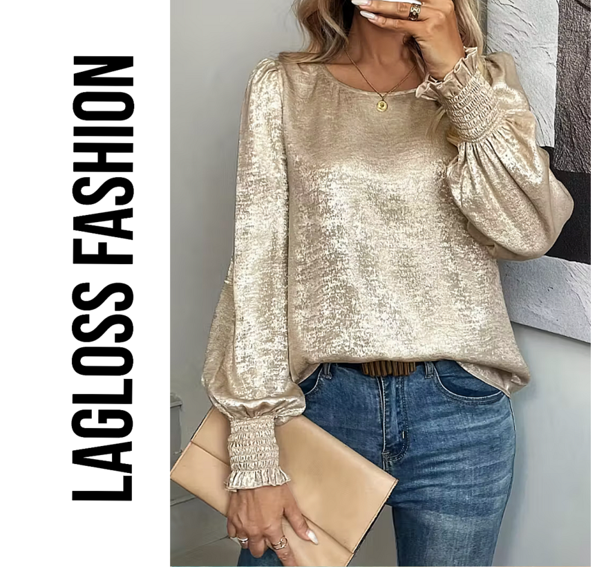 LaGloss® Dames Goud Metallic Blouse met Ronde Hals en Ballonmouwen – Chic – Casual - Lente/herfst /winter – Maat M