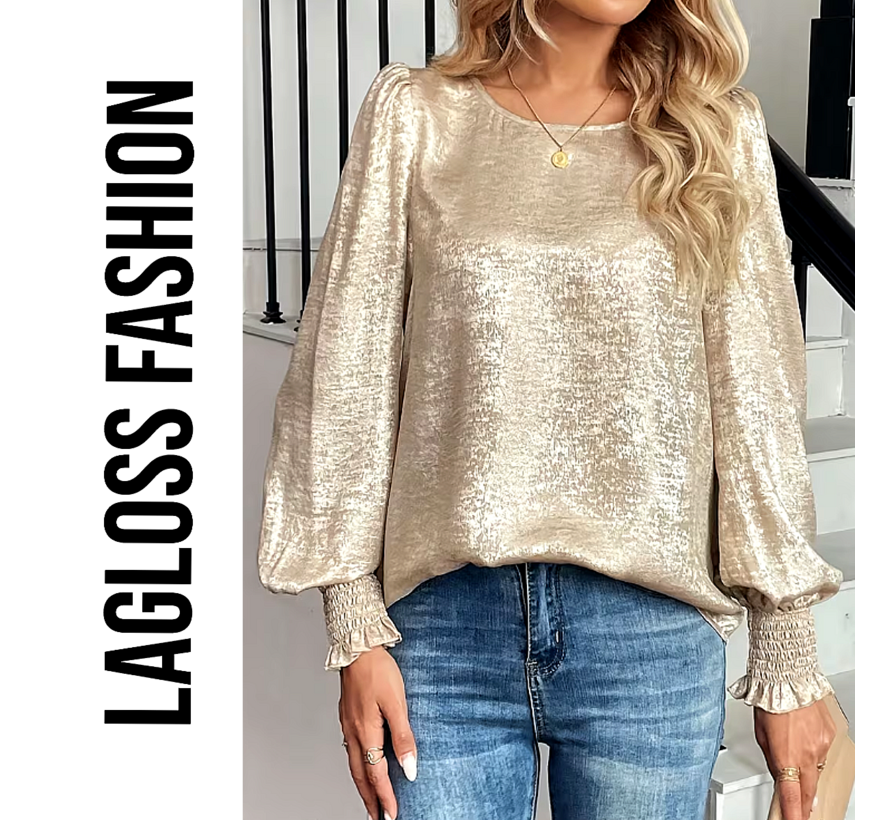LaGloss® Dames Goud Metallic Blouse met Ronde Hals en Ballonmouwen – Chic – Casual - Lente/herfst /winter – Maat M