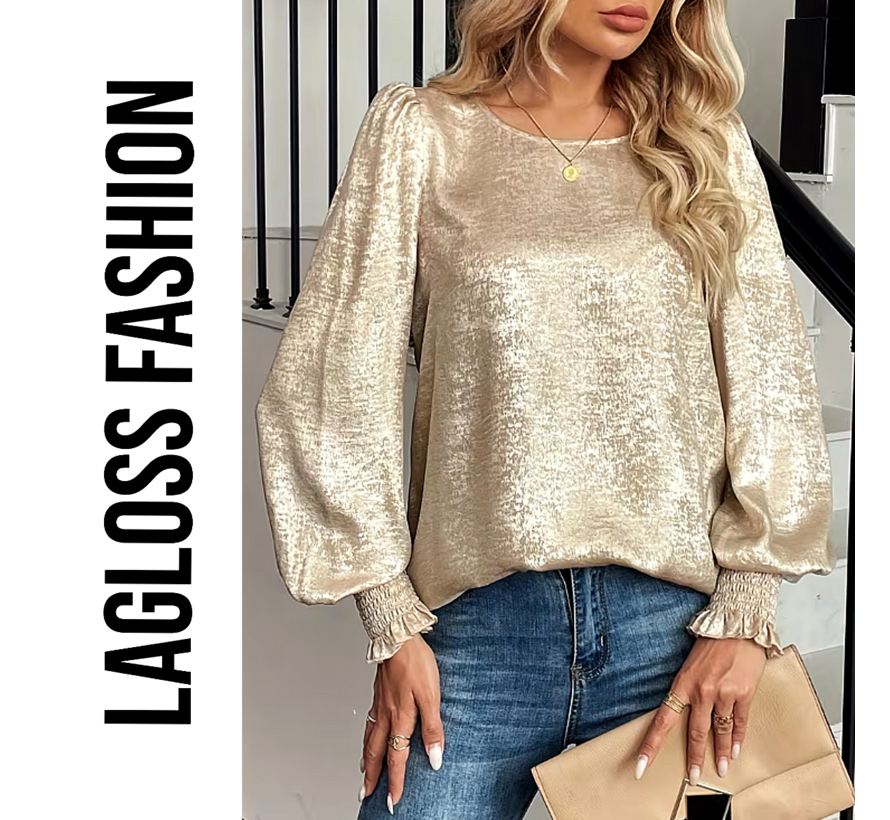 LaGloss® Dames Goud Metallic Blouse met Ronde Hals en Ballonmouwen – Chic – Casual - Lente/herfst /winter – Maat L