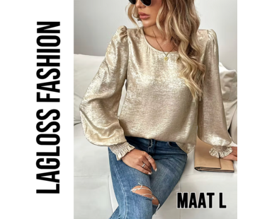 LaGloss Dames Goud Metallic Blouse met Ronde Hals en Ballonmouwen – Maat L