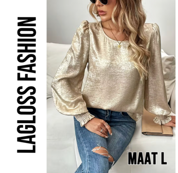 LaGloss Dames Goud Metallic Blouse met Ronde Hals en Ballonmouwen – Maat L