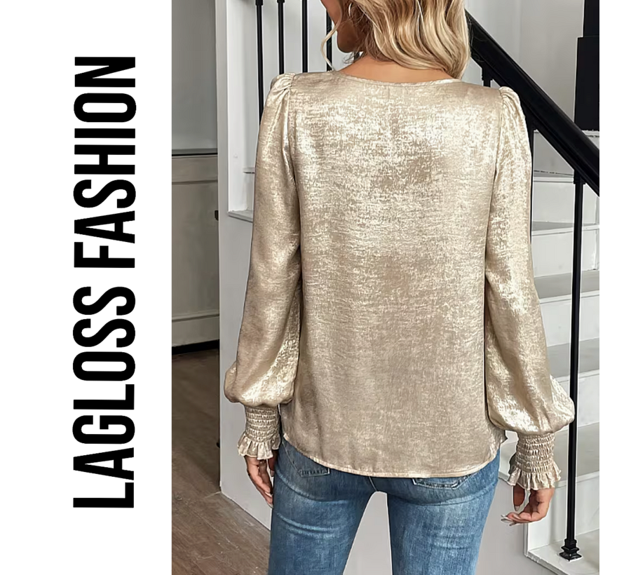 LaGloss® Dames Goud Metallic Blouse met Ronde Hals en Ballonmouwen – Chic – Casual - Lente/herfst /winter – Maat XL
