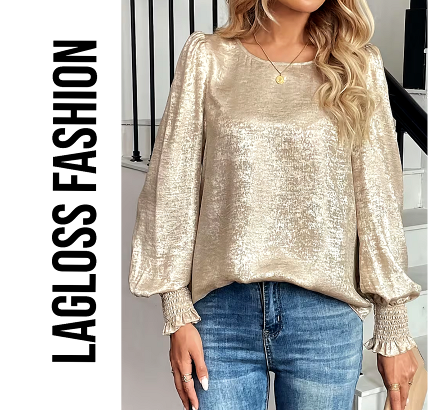 LaGloss® Dames Goud Metallic Blouse met Ronde Hals en Ballonmouwen – Chic – Casual - Lente/herfst /winter – Maat XL