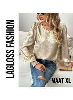 LaGloss Dames Goud Metallic Blouse met Ronde Hals en Ballonmouwen – Maat XL