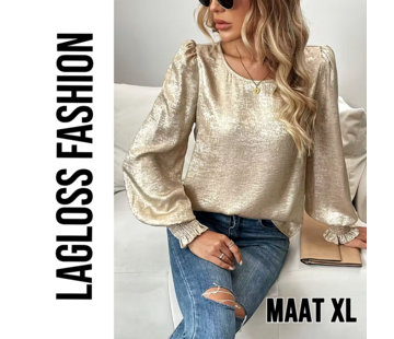 LaGloss Dames Goud Metallic Blouse met Ronde Hals en Ballonmouwen – Maat XL