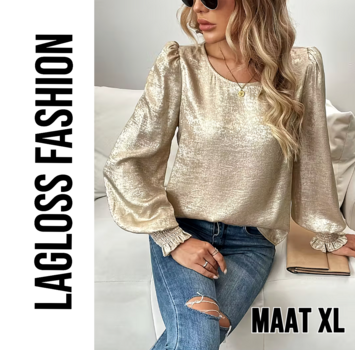 LaGloss Dames Goud Metallic Blouse met Ronde Hals en Ballonmouwen – Maat XL