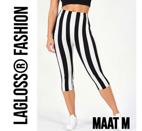 LaGloss LaGloss® Dames 3/4 Yoga Legging Met Hoge Taille Zwart & Wit Gestreept – Hoge Stretch Sportlegging – Comfortabele Gym & Yoga Broek – Maat M