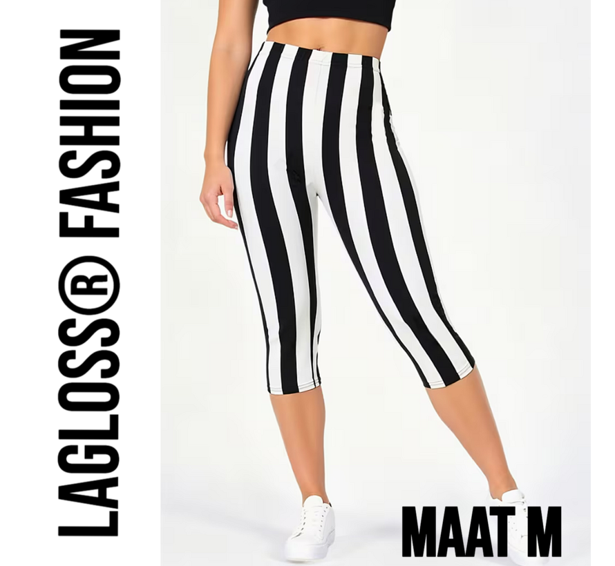 LaGloss® Dames 3/4 Yoga Legging Met Hoge Taille Zwart & Wit Gestreept – Hoge Stretch Sportlegging – Comfortabele Gym & Yoga Broek – Maat M