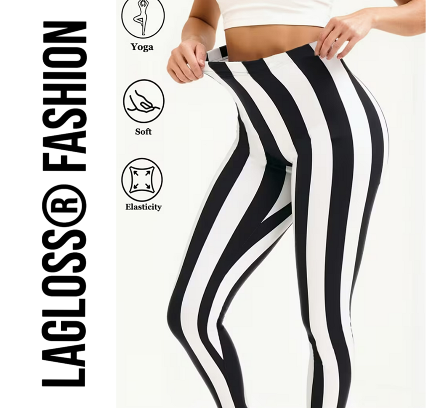 LaGloss® Dames 3/4 Yoga Legging Met Hoge Taille Zwart & Wit Gestreept – Hoge Stretch Sportlegging – Comfortabele Gym & Yoga Broek – Maat M