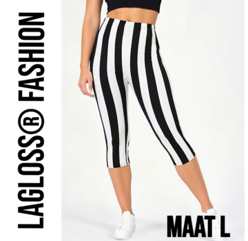 LaGloss Dames 3/4 Yoga Legging Met Hoge Taille Zwart & Wit Gestreept – Maat L