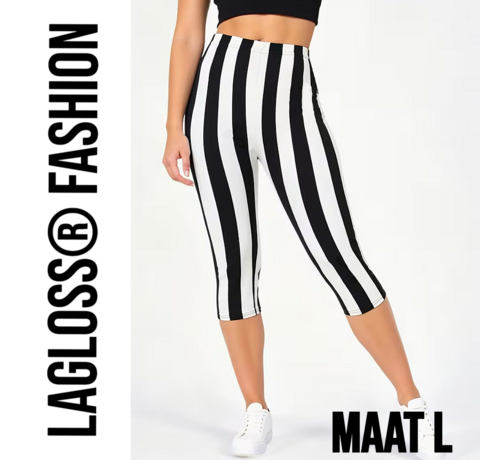 LaGloss LaGloss® Dames 3/4 Yoga Legging Met Hoge Taille Zwart & Wit Gestreept – Hoge Stretch Sportlegging – Comfortabele Gym & Yoga Broek – Maat L