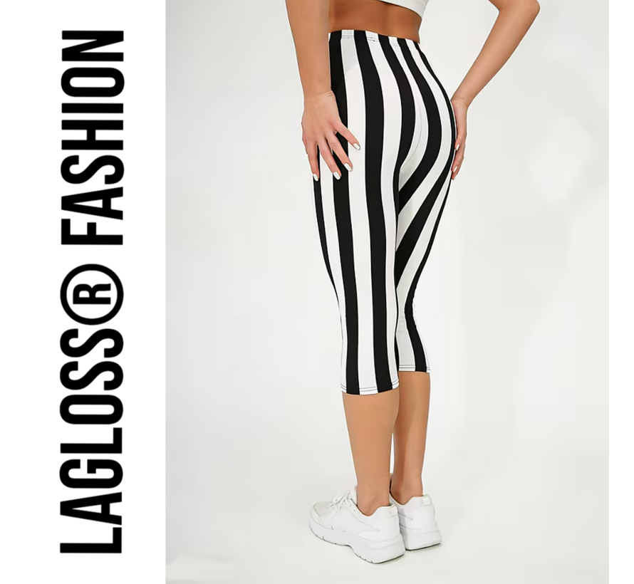 LaGloss® Dames 3/4 Yoga Legging Met Hoge Taille Zwart & Wit Gestreept – Hoge Stretch Sportlegging – Comfortabele Gym & Yoga Broek – Maat L