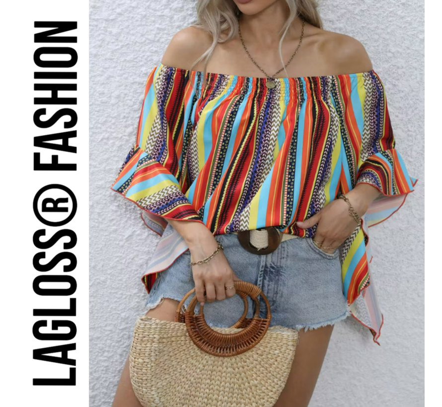 LaGloss® Gestreepte Korte Dames Off-Shoulder Blouse Met Ruches – Multicolor – Zomermode – Fashion – Casual – Maat L