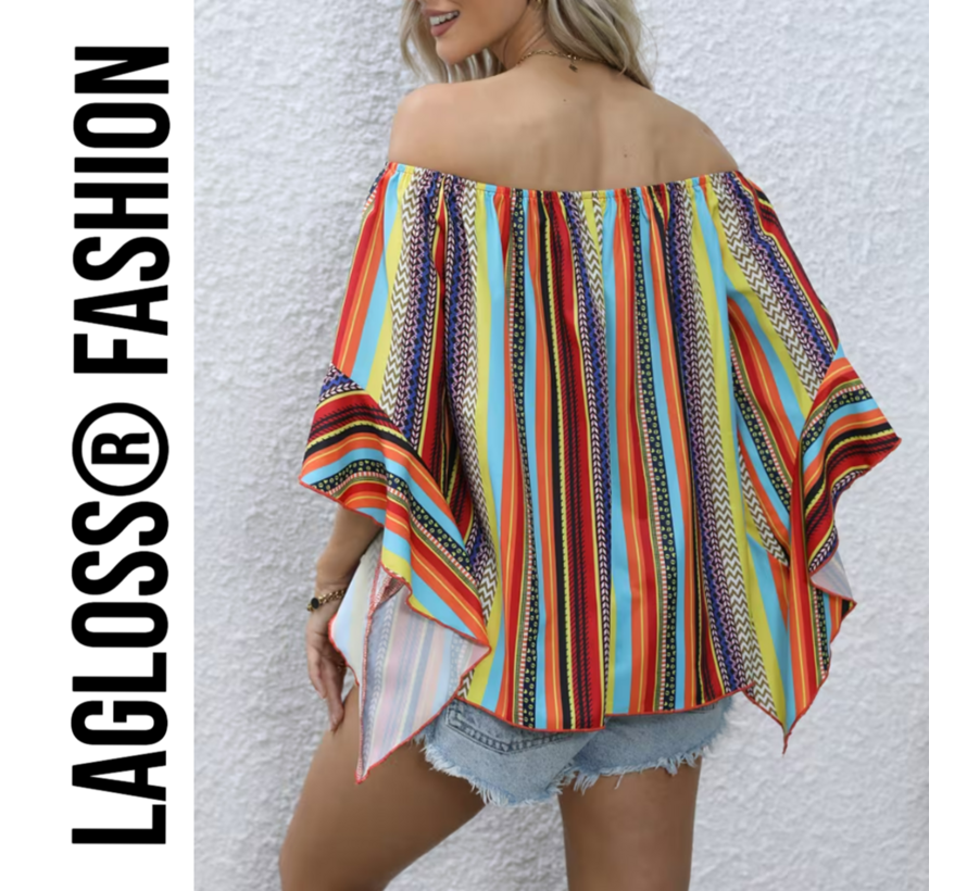 LaGloss® Gestreepte Korte Dames Off-Shoulder Blouse Met Ruches – Multicolor – Zomermode – Fashion – Casual – Maat L