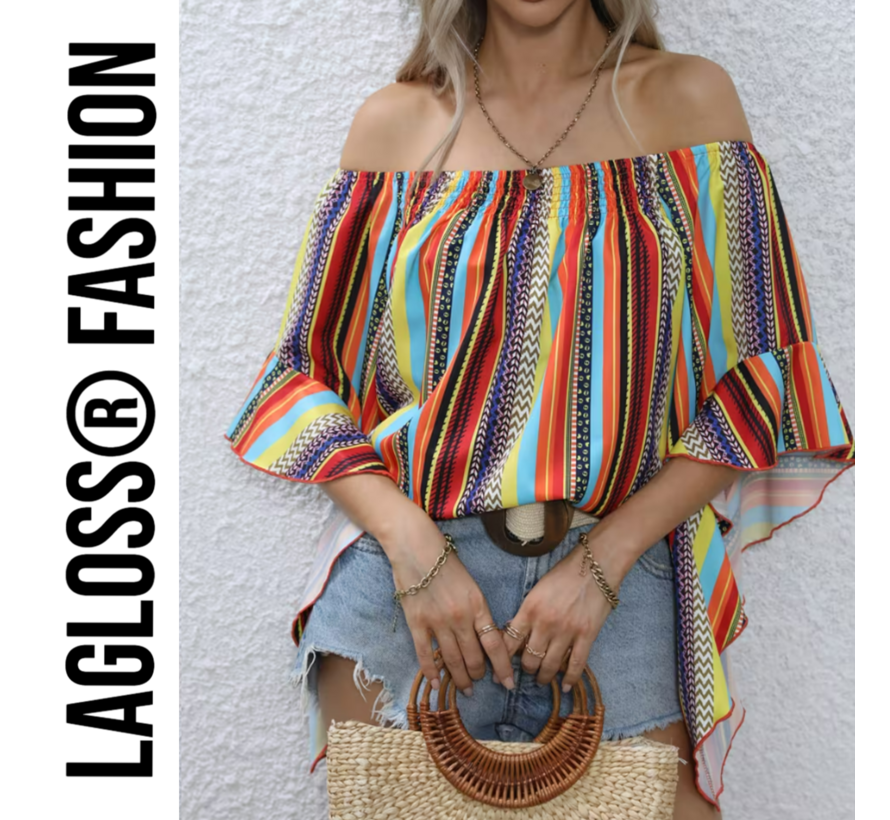 LaGloss® Gestreepte Korte Dames Off-Shoulder Blouse Met Ruches – Multicolor – Zomermode – Fashion – Casual – Maat L