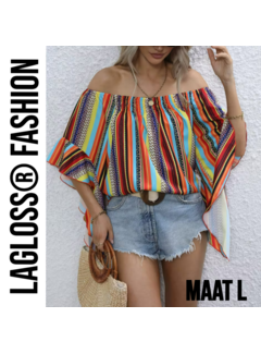 LaGloss Gestreepte Korte Dames Off-Shoulder Blouse Met Ruches – Maat L