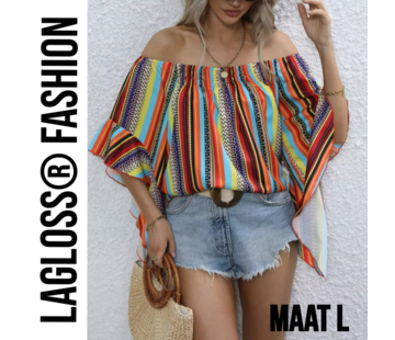 LaGloss Gestreepte Korte Dames Off-Shoulder Blouse Met Ruches – Maat L