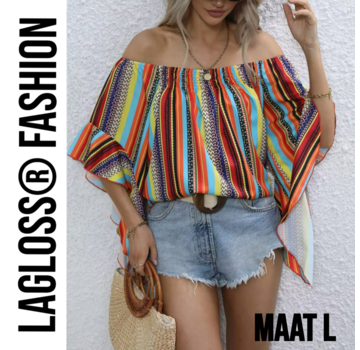 LaGloss Gestreepte Korte Dames Off-Shoulder Blouse Met Ruches – Maat L