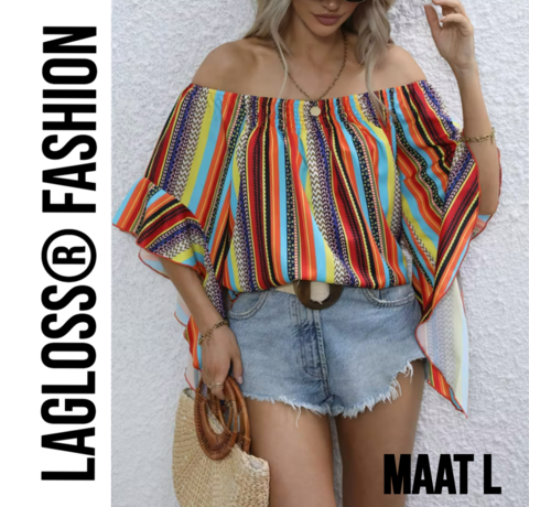 LaGloss LaGloss® Gestreepte Korte Dames Off-Shoulder Blouse Met Ruches – Multicolor – Zomermode – Fashion – Casual – Maat L