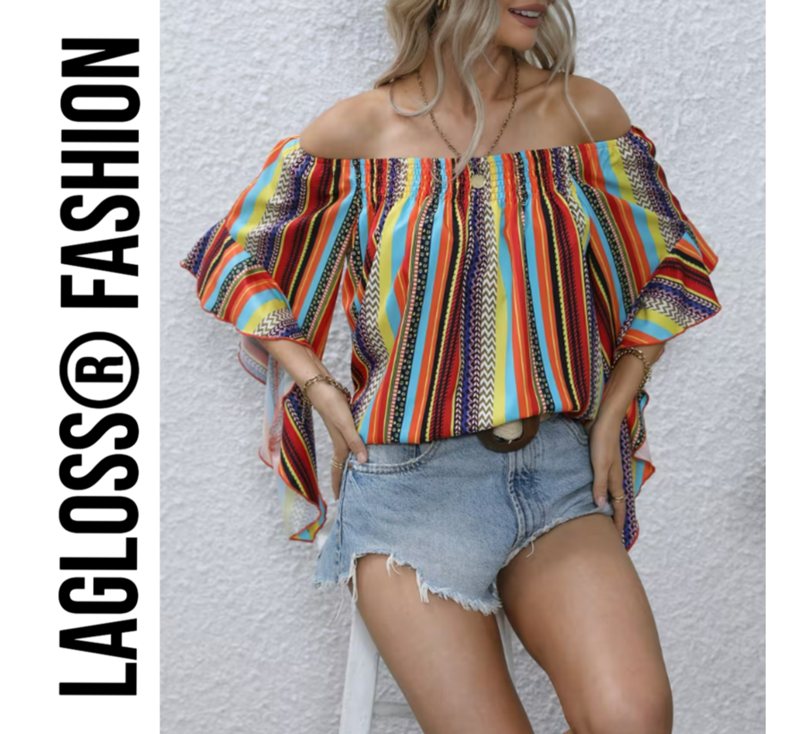 LaGloss® Gestreepte Korte Dames Off-Shoulder Blouse Met Ruches – Multicolor – Zomermode – Fashion – Casual – Maat XL