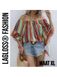 LaGloss Gestreepte Korte Dames Off-Shoulder Blouse Met Ruches – Maat XL