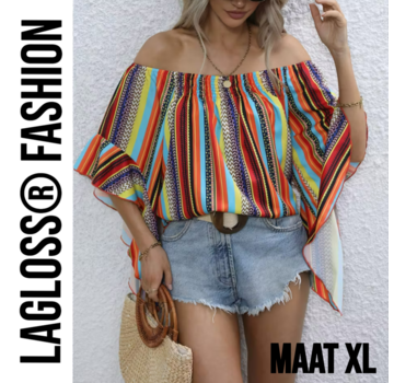 LaGloss Gestreepte Korte Dames Off-Shoulder Blouse Met Ruches – Maat XL