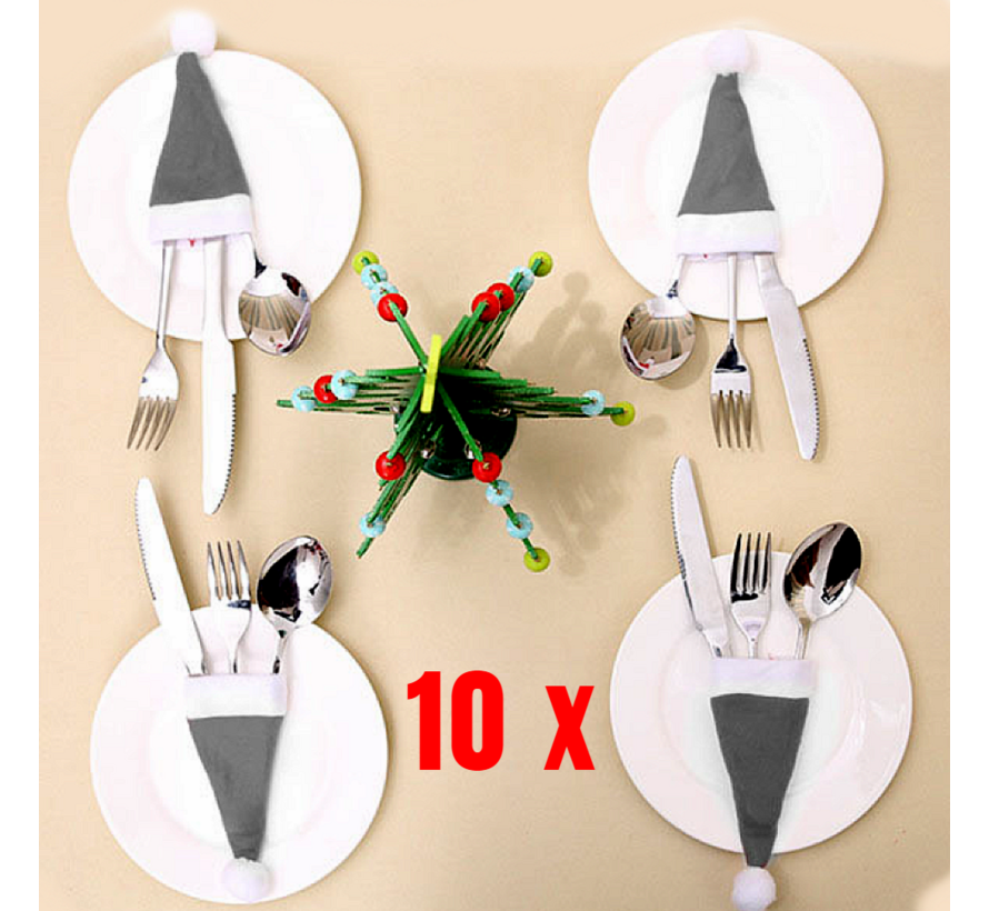 10 stuks Kerstmuts Bestekhouders Kerstdiner Tafeldecoratie Kerst - Mini Kerstmutsen - 10x Bestekhouder voor Kerstdagen - Wijnfles Decoratie- 12 x 6 cm Grijs Wit