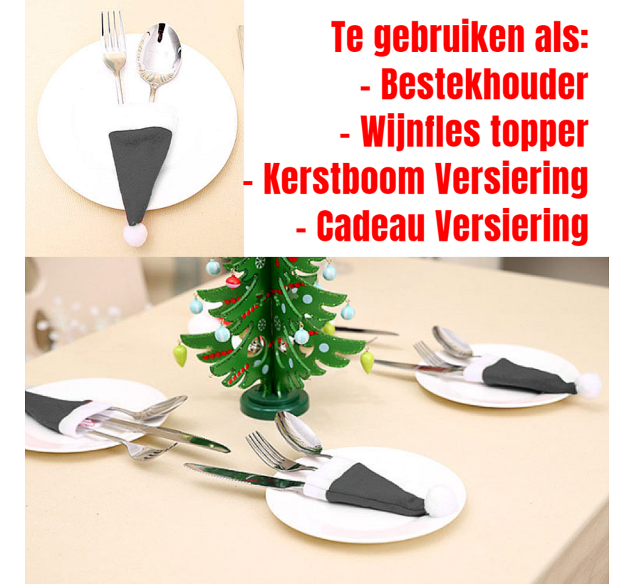 10 stuks Kerstmuts Bestekhouders Kerstdiner Tafeldecoratie Kerst - Mini Kerstmutsen - 10x Bestekhouder voor Kerstdagen - Wijnfles Decoratie- 12 x 6 cm Grijs Wit