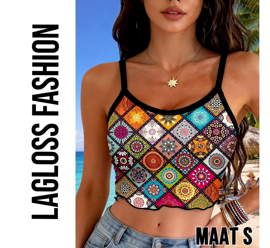 LaGloss® Dames Boho Zomer Crop Top Camisole Met Mandala Print en Spaghettibandjes – Casual – Bohemian – Lente/Zomer – Maat S