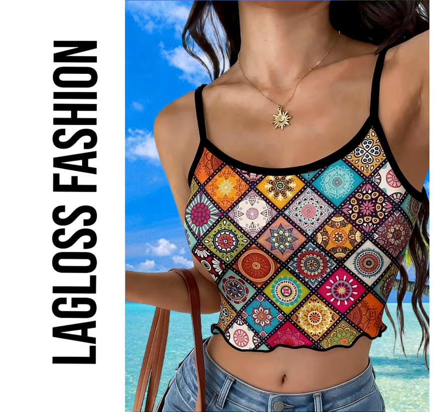 LaGloss® Dames Boho Zomer Crop Top Camisole Met Mandala Print en Spaghettibandjes – Casual – Bohemian – Lente/Zomer – Maat S