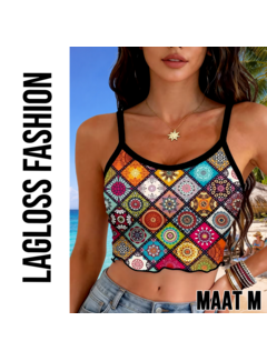 LaGloss Dames Boho Zomer Crop Top Met Mandala Print en Spaghettibandjes – Maat M
