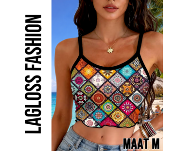 LaGloss Dames Boho Zomer Crop Top Met Mandala Print en Spaghettibandjes – Maat M